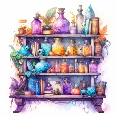 Witches PotionShelf Watercolor dreamy Clipart, pastel-core purple turquoise blue orange red yellow Magical Mystical Art, Fantasy Clipart, Witchcraft Potion many details style of Demizu Posuka no people