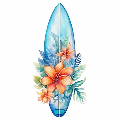 Pastel Cute Beautiful surf board tropical flower Watercolor Sublimation Clipart,Cartoon, hyper realistic, intricate detail, illustration style,high solution,on the white background
