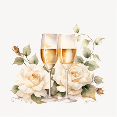 white beige rose border with leaves, champagne glasses wedding, mystical, beautiful, white background, single clipart, halloween element, Sparkling ,watercolor