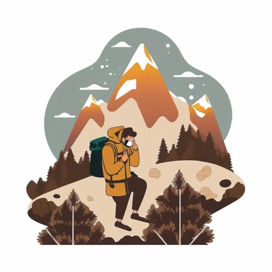 asian man sick on mountain, transparent white background, flat clipart style