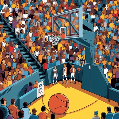 corporate clipart style a basketball game infront of a crowd point of view from on the court