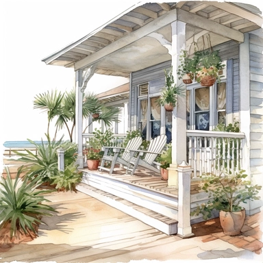coastal front porch, very detailed and realistic, watercolor, white background with margins, clipart style