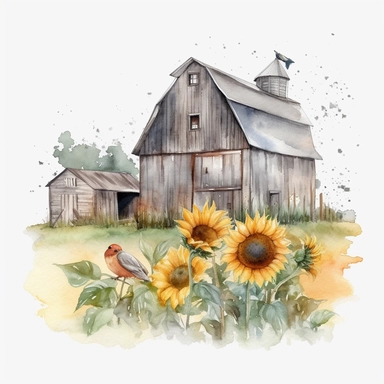 watercolor farm with grey barn and sunflowers scene, clipart, white background