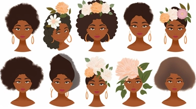 animated clipart bundle african american mother concepts, clipart bundle with beautiful flowers, beautiful faces, beautiful eyes and differential body types and skin tones, harlem Renaissance, Mother's Day White background