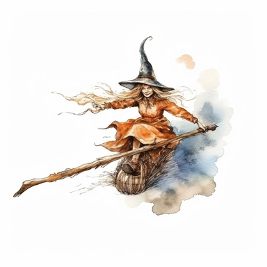 watercolor style, Witch on the broomstick: A long, slender broomstick associated with witches and their transportation. clipart, isolated on white background, 4K