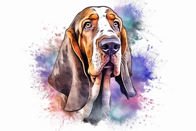Watercolor, Basset Hound Mammal, clipart, hd, on a white background, spaced out