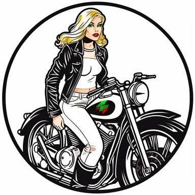 Sticker, clipart, Girl with blond hair red lips and green eyes on a Harley Davidson,focus on her face, in full leather racing suit, contour, vector, white background, white outline.