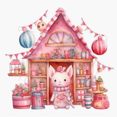 Cute Christmas toy workshop pink watercolor clipart