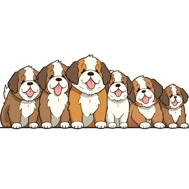 kawaii cartoon clipart style one long row of happy smiling saint bernard puppies ar 293:151