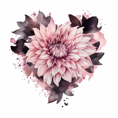 a heart shape made with tpink and pastel pink Dahlia flowers, wet on dry watercolour style, dark gothic antique look, clipart, white background