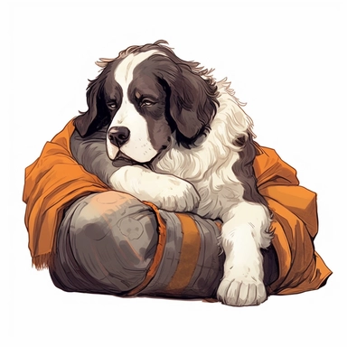 Landseer, cuddling with its pillow, cartoon, Clipart, white background, no text, no caption