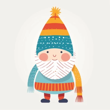 An adorable Gnome clipart, featuring a cute and whimsical character wearing a colorful hat and matching scarf, with clean lines and simple shapes that give a modern and minimalist feel. The Gnome is placed against a crisp white background, allowing its vibrant colors and charming details to stand out, making it perfect for various creative projects and holiday-themed designs