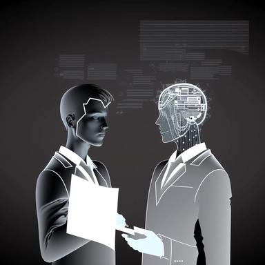 clipart of two people facing each other with a document being electronically transfered from one to the other, the clipart is grey, dark background, futuristic style