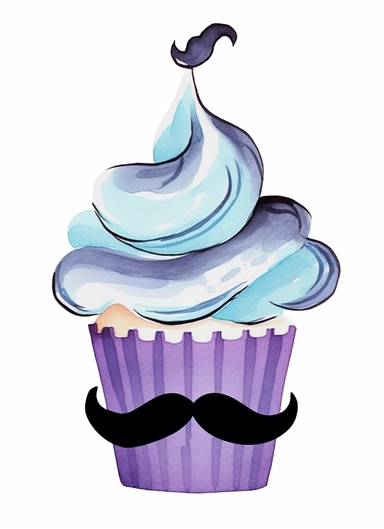 cupcake cutout with a moustache mustache watercolor clipart, in the style of dark purple and light blue, victorian-inspired illustrations, light gray and black, wimmelbilder, high resolution, masculine