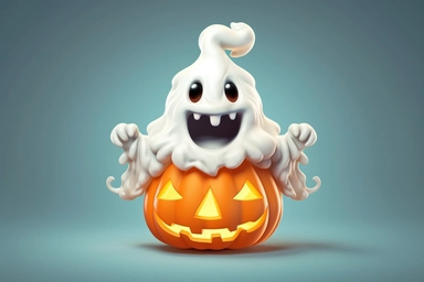 Cute ghost. Happy halloween ghosts characters, spooky expression creature. Funny scary magic demon with pumpkin, mystery creative nowaday vector clipart, realistic, full frame, very detailed
