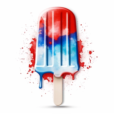 Envision a festive clipart displaying a red, white, and blue popsicle dripping with delicious flavors, placed on a refreshing white background, offering a cool treat for your 4th of July designs.