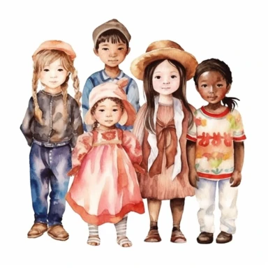 watercolor style, children from multiple cultures: european, african american, asian american, latino, indian, japanese, mexican, clipart, isolated on white background, 4K