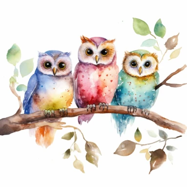 watercolor multiple owls on a tree branch, clipart
