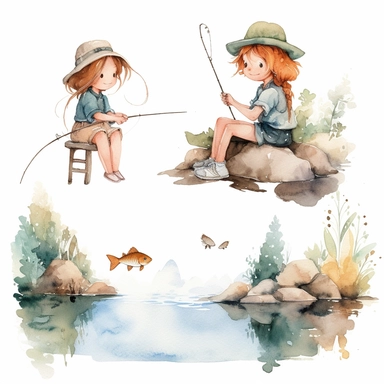 Watercolor boho fishing near a beautiful stream, illustrations clipart set, simple, soft colors, cartoon elements, different variants, cute little boy and girl fishing, separate elements with a margin