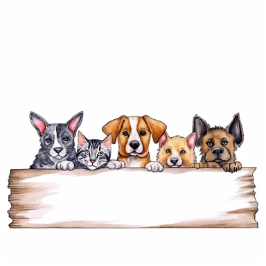 Row of the tops of heads of cats and dogs with paws up, peeking over a blank white sign cartoon watercolor clipart in white background