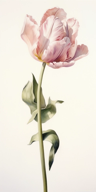 Watercolor Painting of SINGLE STEAM RES TULIP FLOWER on white background beautiful multi - headed pale, Flora Design Patterns, Flemish Baroque by Rachel Ruysch, Behance, Rococo, Intricate Detailed, Soft Light Effect, Oil Paint Strokes, Light Academia Aesthetic Flowers, Lighting cinematic, all shown shimmering stamens, tyndall light, light effect, texture, colorful, 8k, fantasy, ray tracing, depth of field, vivid, spectacular lighting, octane rendering, highly detailed, ultra - realistic, white b