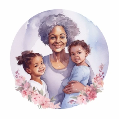 cute watercolor clipart with dark skinned older mom and adult childrens hugging echother in circle, beautiful, hight quality, pastel colors, white background, decorated with white lilac