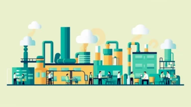a simple flat microsoft office clip art style illustration of manufacturing business working, light green blue yellow pastel color palette