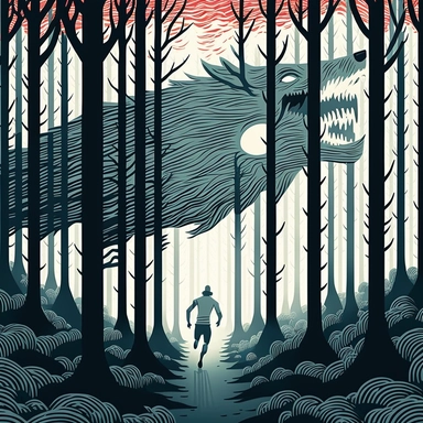 in the style of John Kenn Mortensen, trail runner with wolf head, through white birch forest, chased by monsters, ghosts, animals, spooky, colorful, white background, magical, fantasy, vector, clipart, elaborate, ultra-detailed, best quality, well composed, vibrant color tone, trending on artstation, elaborate, cinematic lighting, vibrant colors, high definition