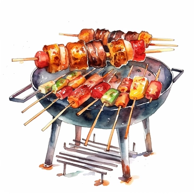 Watercolor BBQ Clipart - Barbeque grill kebab clipart , Watercolor Clipart , original hand drawing, style of the artwork, mood of the artwork, white background, 8K quality, ultra detailed , clipart, white background, High Quality, ultra detailed