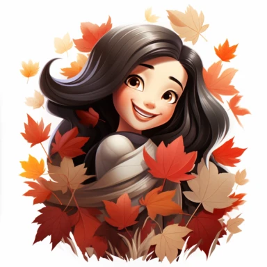 A princess MuLAN from Disney franchise sneaking out her head out of maple leaves stack, so many maple leaves in the center of the image,smiling, halloween, pixar style, clipart, white background , fall scene, swag cut