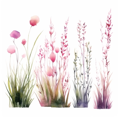 grass page dividers, clipart, watercolour, white background, pink