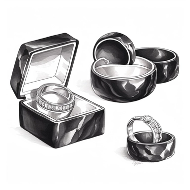 Hand drawn black shiny ring box, set of silver wedding bands, glamorous, very detailed and realistic, watercolor, clipart style, white background with margins