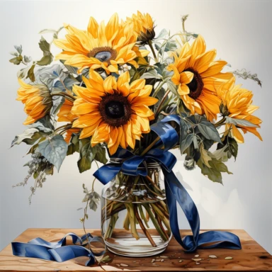 bouquet sunflowers in a jar wrapped in blue ribbon, in the style of photo realistic and hyper-detailed watercolor, sketchfab, ahmed morsi, realistic watercolor, use of common materials, handcrafted designs, clipart with white background