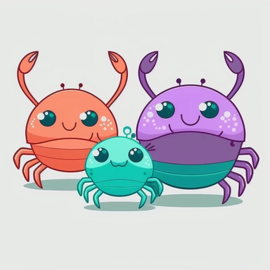 family of crabs, baby crab, mommy crab, daddy crab, clipart style, vector, logo, cute, golden, purple, teal, pink, lite blue, picture book style, children's lesson book, captivating, kid friendly cute character, black and white, coloring book style, cartoon style, vector image, simple, line art style, character, white background