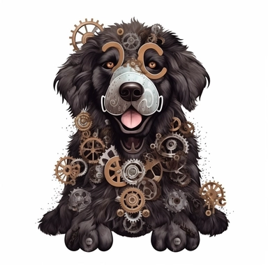 friendly and happy newfoundland dog, with cute eyes, in the style of steampunk, clipart, white background, lots of cogs