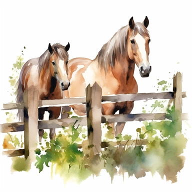Watercolor 2 Horses behind Fence clipart, hyper realistic, detailed, stylised, nature scene, hyper detailed, cozy colors