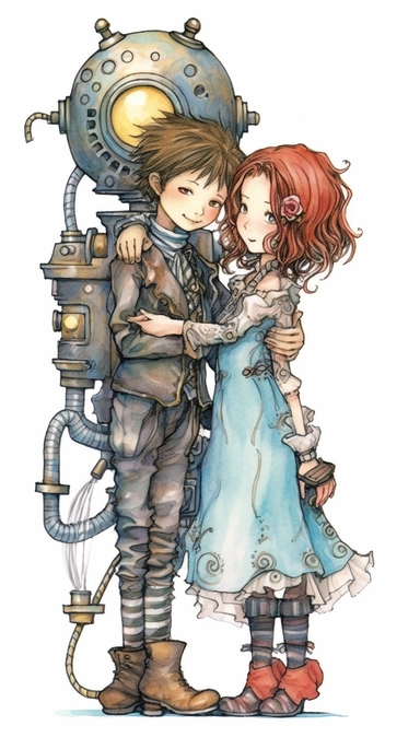 watercolor steampunk boy and steampunk girl entire body with a steampunk robot by their side and holding a cute steampunk doll in her arms, illustration clipart by holly hobbie and mary engelbreit