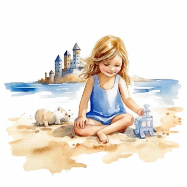 Cute little girl on the beach building sandcastles,summer watercolor clipart with white background