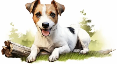 hyperrealistic ultra detailed watercolor clipart, Jack russell terrier dog in the park like in a children's book, white background, in the style of digital print, clipart, illustration, sticker, ultra high definition, rich details, 32K, HD