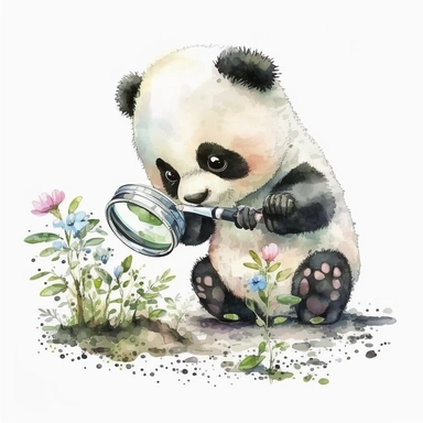 Cute and Happy baby Panda with a magnifying glass examining a bug, Clipart. watercolor style, white background
