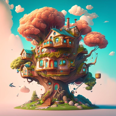 Beautiful 3 floors fantasy house, Oriental Fantasy Clipart, oil colour, super realistic, surrounded with colourfull trees, birds and white puffy clouds, pixar style, cartoon style, 8k, clipart