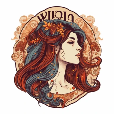 old style fire virgo zodiac, vector design illustration, in the style of detailed heavy metal embroidery, hand-painted details, Horoscope Clipart, isolated white background