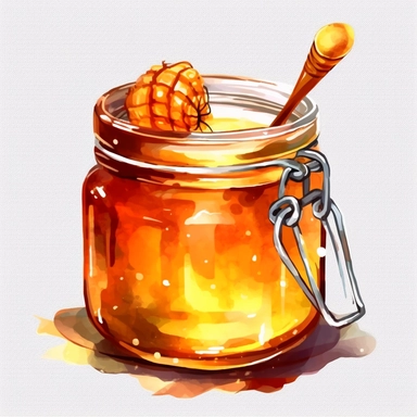 watercolor, A jar of golden honey with a honey dipper placed delicately on the side, showcasing the richness of the honey. (Digital drawing clipart, image black border color, full body, flat texture, transparent background)