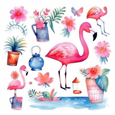 childlike and simple aquarelle texture illustration of a cute Colorful flamingo collection clipart, in the style of whimsical cartoon - style, various goods, multiple objects, fun, summer equipment, playful, youthful images, primary colors, tropical, tropical flowers, hand drawn with a minimalistic style, soft wetbrush watercolor, cartoon elements, naïve painting style, white background, defined margins