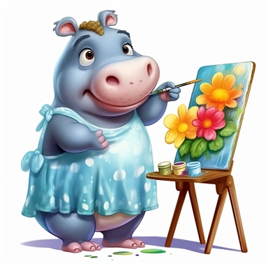a cute hippo in a dress painting a flower on a art easel cartoon clipart sticker white background