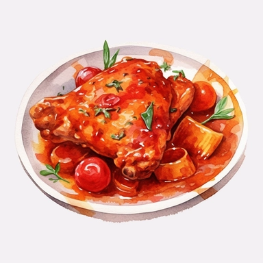 Pollo alla Cacciatora: Chicken braised in a tomato and vegetable sauce, watercolor clipart illustration, flat blank transparent background, food photography, soft cinematic lights, juicy, bright, high quality, ultra detailed, 32k