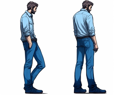 a clipart image showing an image of a guy wearing blue pants, in the style of heavy shading, comiccore, slumped/draped, frontal perspective, comic book-esque, light indigo and dark black, commission for,white background