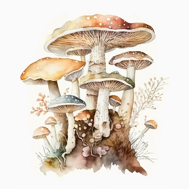watercolor, a bunch of Birch polypore mashrooms in pastel beige color, a lot of details, good quality illustration, clipart, white background