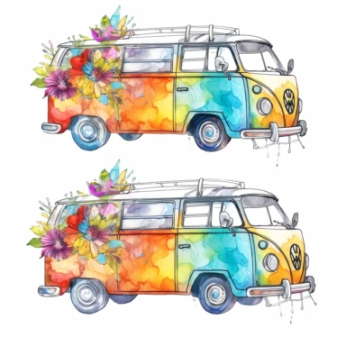 watercolor LINE ART SKETCH of 2 individually spaced apart Groovy, retro, hippie, flower power, digital printable clipart, vibrant color palette, white background