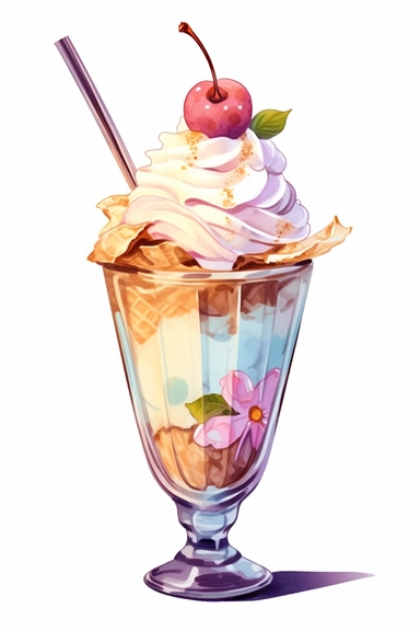 picturesque, a bright almond sundae, clipart on white background, watercolor style, spring vibes, detailing in pastel colors, high quality, painted by Beatrix Potter, 8k